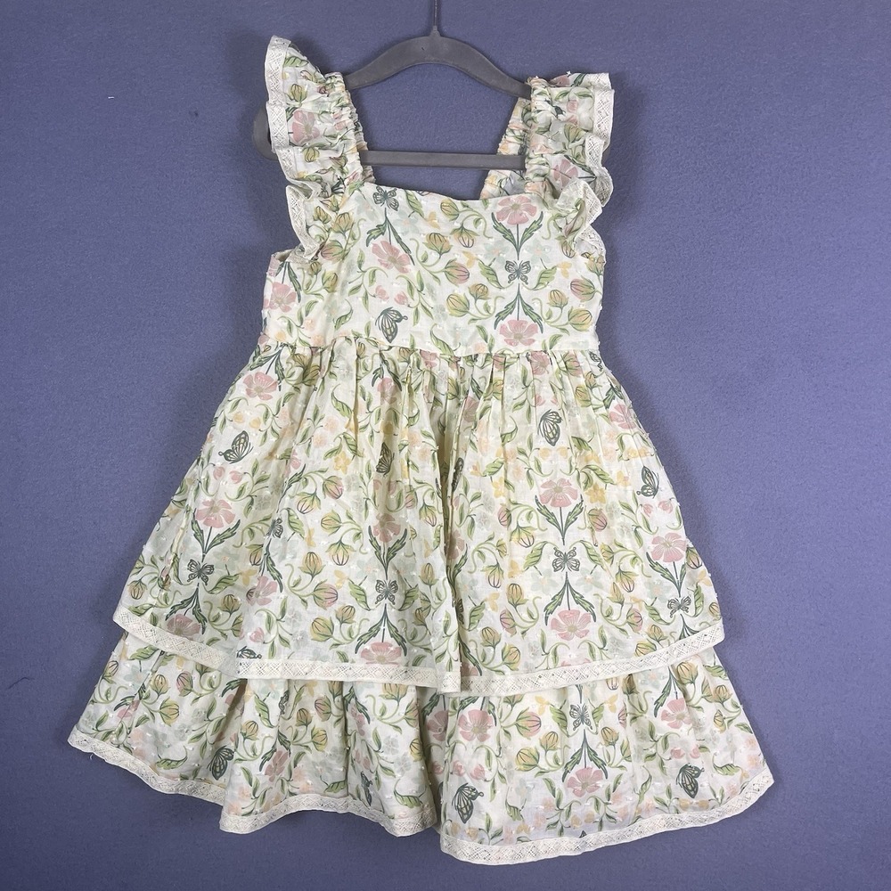 Cupcakes and Cashmere Floral Tiered Dress Girls 5 Cream Pink Green Tea Party